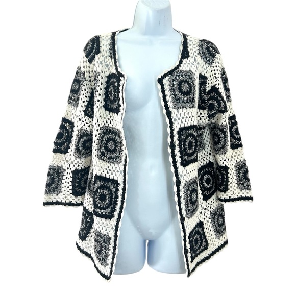 Vintage 90s Granny Square Crochet Cardigan Sweater Black White Size M Boho - Picture 2 of 10